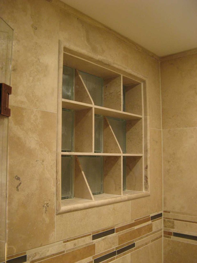 Custom shower niche Miami – built-in tile shelf in custom bathroom remodel